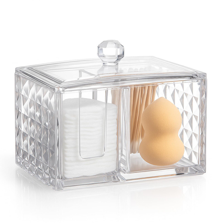 OYATON Cotton Swab Holder Compact Bathroom Canister with Lid and 3 Compartments for Organizing Cotton Ball Swab Pad Acry