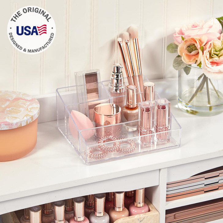 STORi Clear Plastic Small Countertop Vanity Makeup Organizer Compact Rectangular 4Compartment Holder for Brushes Eyeshad