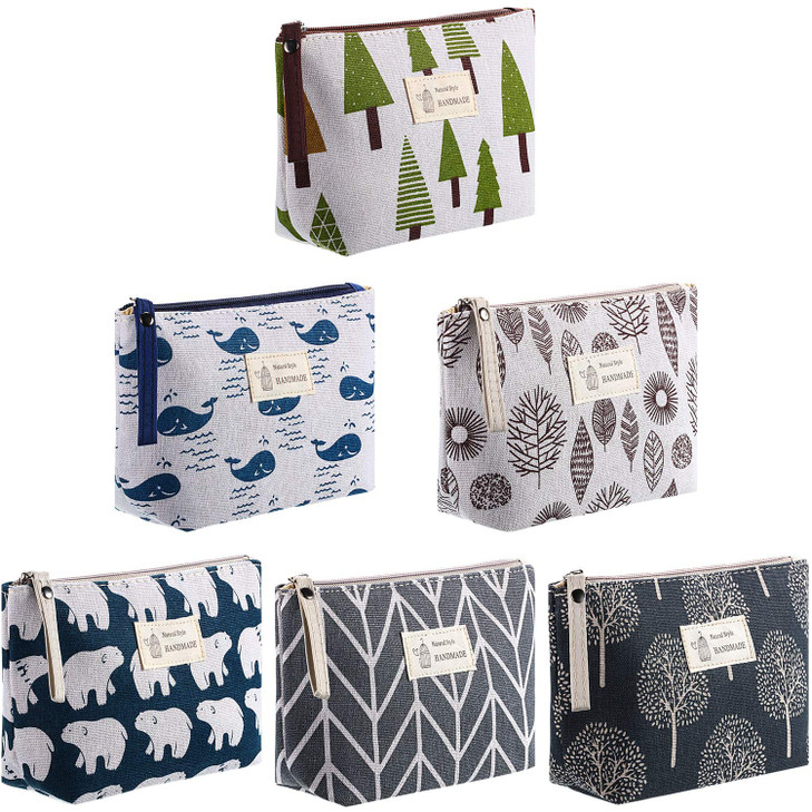 Boao 6 Pieces Canvas Cosmetic Bags Pouches for Purse with Zipper Printed Makeup Bag Multi Function Canvas Travel Pouch O