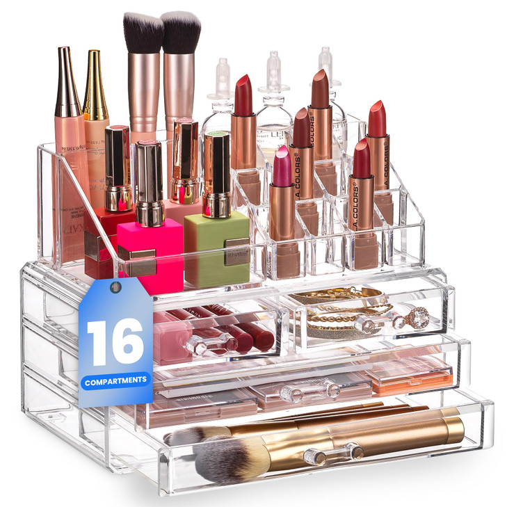 Masirs Clear Makeup Organizer 16Compartment Cosmetic and Jewelry Holder with 4 Drawers Vanity Storage Box for Makeup Ski