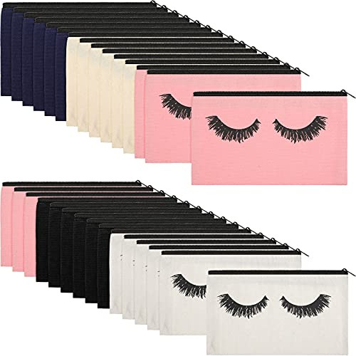Weewooday 30 Pieces Eyelash Makeup Bags Canvas Makeup Bags Eyelash Cosmetic Bags Travel Make up Pouches with Zipper for