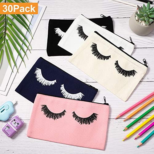 Weewooday 30 Pieces Eyelash Makeup Bags Canvas Makeup Bags Eyelash Cosmetic Bags Travel Make up Pouches with Zipper for
