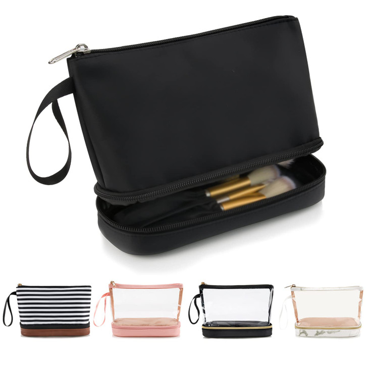 Ethereal Small Makeup Bag 2 Layers Travel Makeup Bag with Makeup Brush Holder Cosmetic Bag Black Make up Pouch for Women