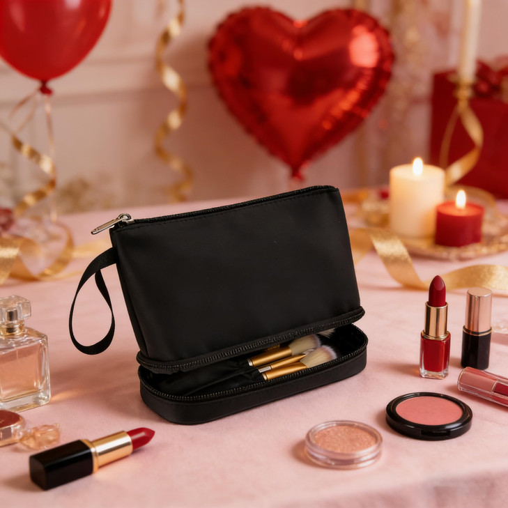 Ethereal Small Makeup Bag 2 Layers Travel Makeup Bag with Makeup Brush Holder Cosmetic Bag Black Make up Pouch for Women