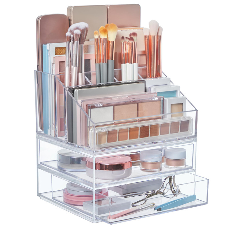 STORi Chloe Stackable Makeup Holder Drawer Organizer Set Clear BPAFree Plastic Made in USA Organize Brushes Cosmetics Be