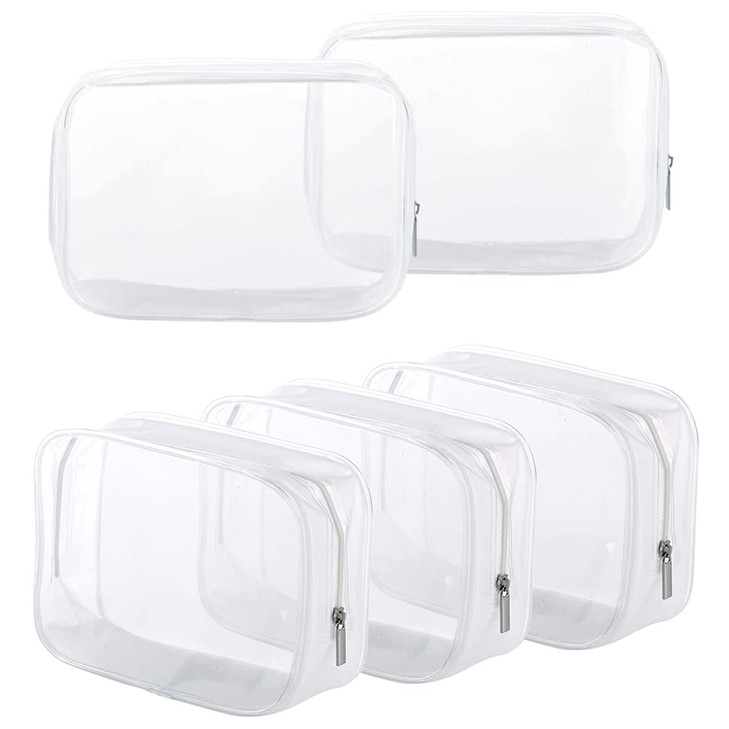 5 Pack Clear Plastic Zippered Toiletry Carry Pouch TSA Approved Toiletry Bag Portable Cosmetic Makeup Bag for Vacation B