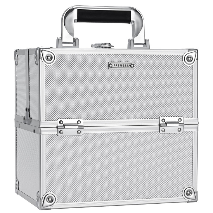FRENESSA Makeup Train Case Makeup Organizer Box Portable Cosmetic Travel Case with Lock 4 Trays Aluminum Hard Vanity Box