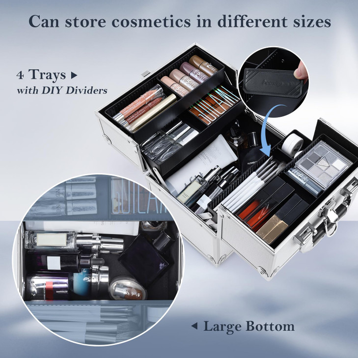 FRENESSA Makeup Train Case Makeup Organizer Box Portable Cosmetic Travel Case with Lock 4 Trays Aluminum Hard Vanity Box