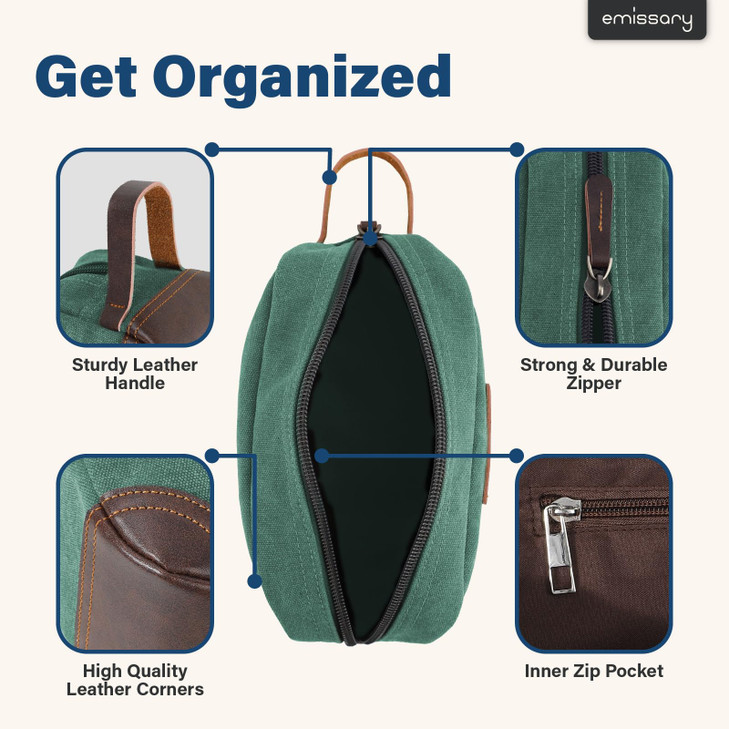 Emissary Mens Leather and Canvas Travel Toiletry Bag Dopp Kit Travel Bathroom Bag Shaving Kit Small Bags for Travel Acce