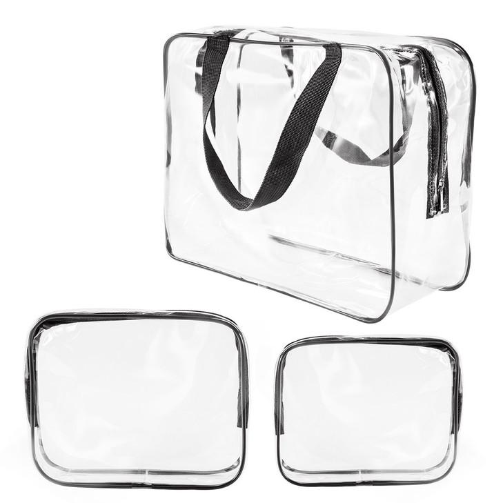 3Pcs Crystal Clear PVC Travel Toiletry Bag Kit for Women Men Waterproof Vinyl Organizer Makeup Bags with Zipper Handle S
