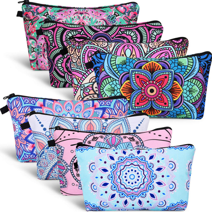 Boao 8 Pieces Cosmetic Bag Makeup Bag Waterproof Travel Toiletry Pouch Bag with Mandala Flowers Design 8 Styles Round Ma