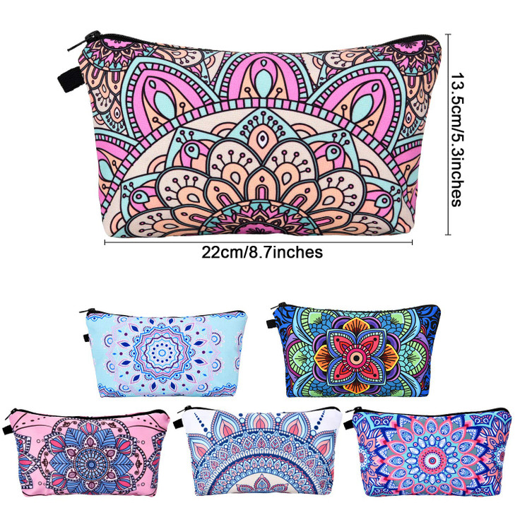 Boao 8 Pieces Cosmetic Bag Makeup Bag Waterproof Travel Toiletry Pouch Bag with Mandala Flowers Design 8 Styles Round Ma