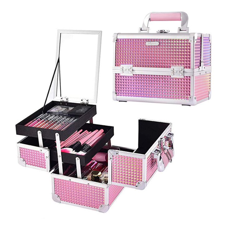 Joligrace Makeup Train Case Makeup Case Organizer Portable Cosmetic Box Storage with 2 Trays Mirror Locking Make Up Trav