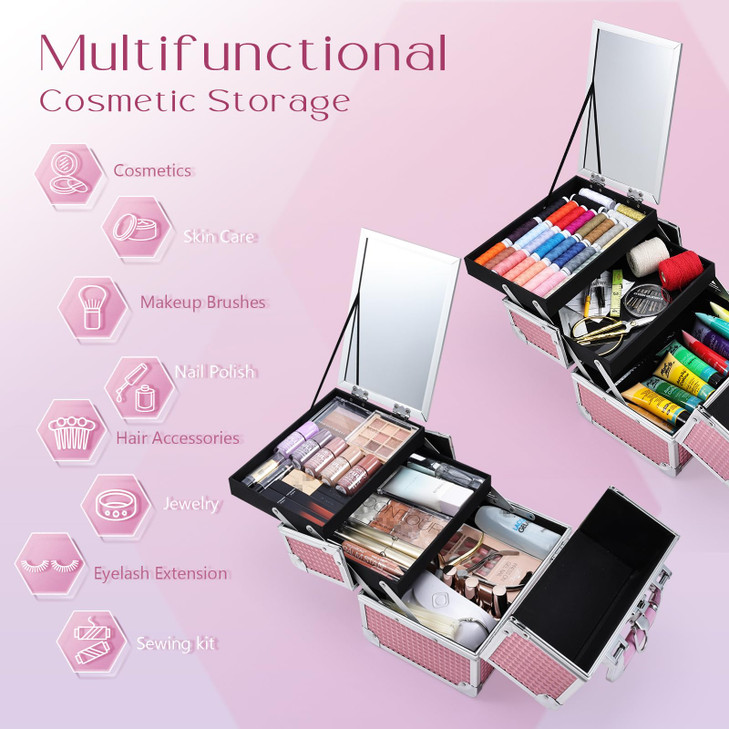 Joligrace Makeup Train Case Makeup Case Organizer Portable Cosmetic Box Storage with 2 Trays Mirror Locking Make Up Trav