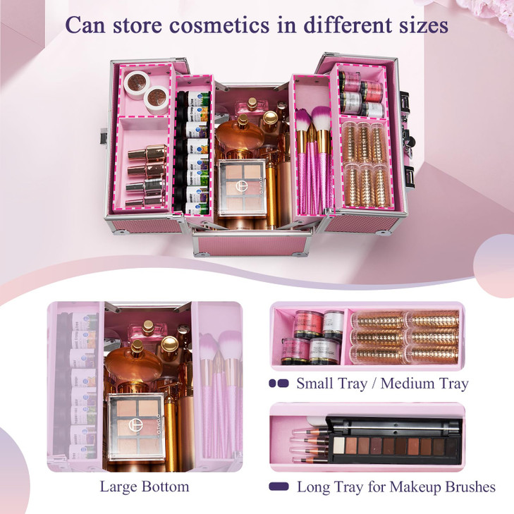 Frenessa Makeup Case Makeup Box Cosmetic Organizer Case Portable Make Up Artist Travel Case Storage Box 4 Trays with Div
