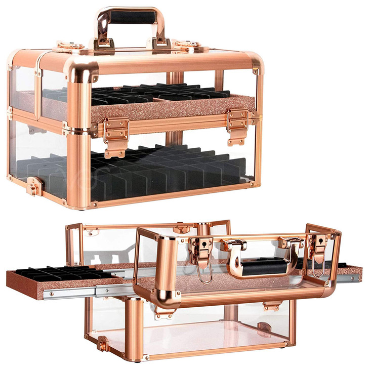 Professional Makeup Nail Tech Organizer Clear Acrylic Case Holds 94 Bottles SlideOut Trays Lockable Latches Portable Sto