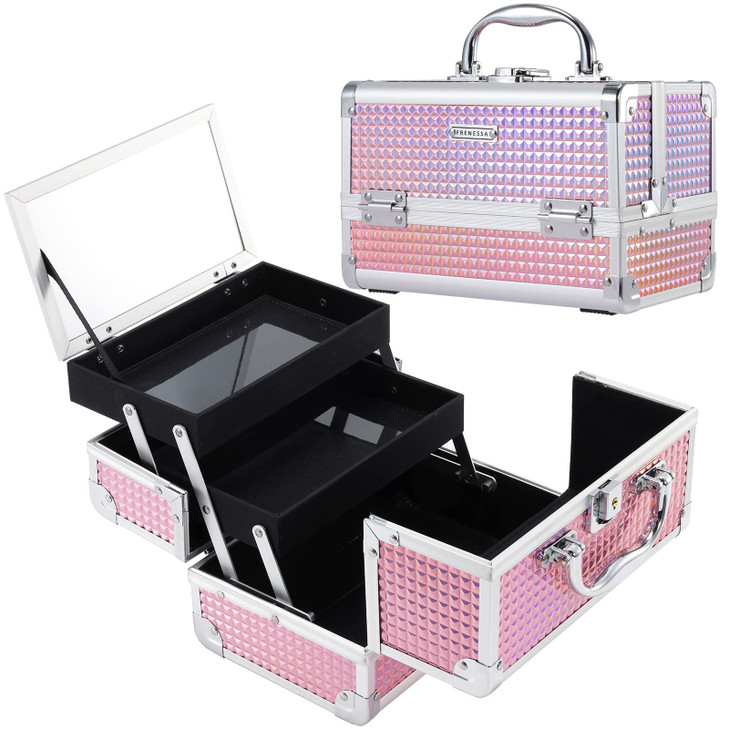 FRENESSA Makeup Train Case Makeup Box Organizer Portable Cosmetic Travel Case Makeup Case with Mirror Locking Make Up Ca