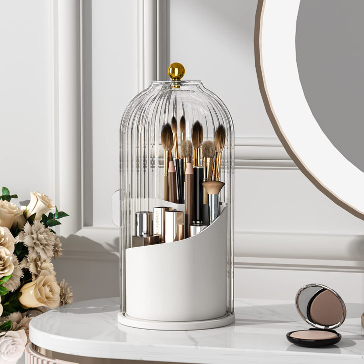 YOOLENS Makeup Brush Holder with Lid 360 Rotating Clear Dustproof Make Up Organizers for Vanity Bathroom Countertop Tran