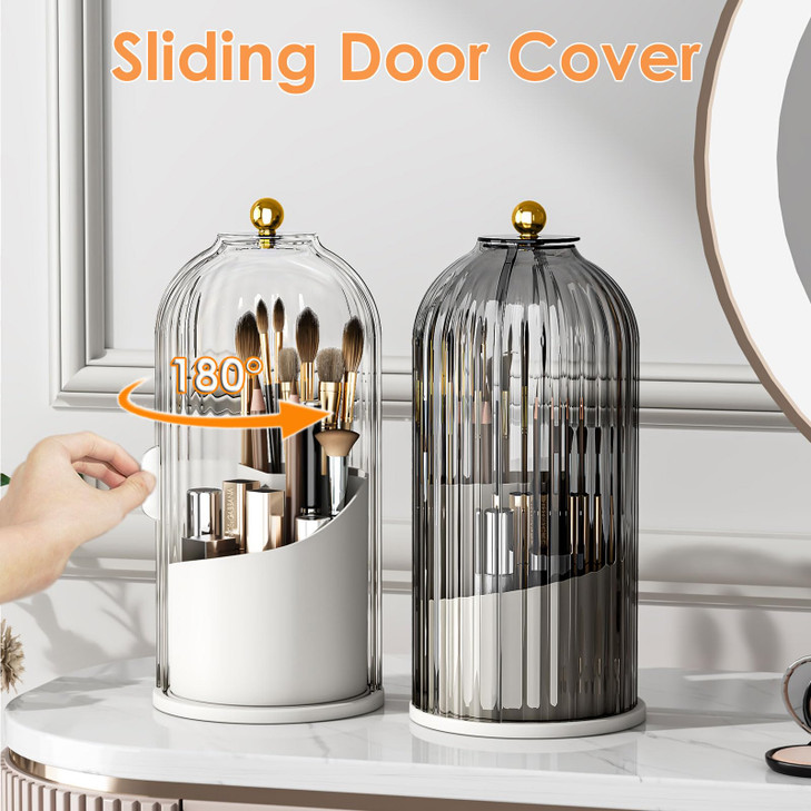 YOOLENS Makeup Brush Holder with Lid 360 Rotating Clear Dustproof Make Up Organizers for Vanity Bathroom Countertop Tran