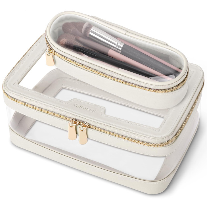 Soimeat Travel Clear Makeup Bag with Makeup Brush Bag Leather Make up Case Toiletry Bag Portable Cosmetic Bag Case Trans