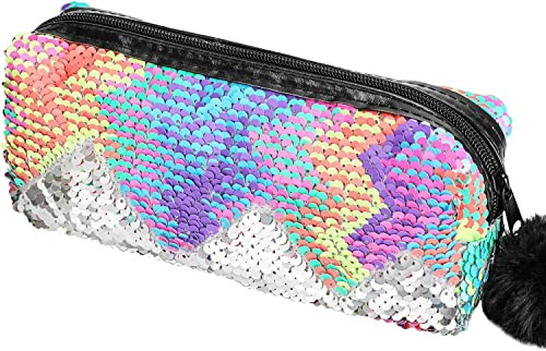 PHOGARY Sequin Preppy Pencil Case for Girls Fluffy Zip Pull Pouch Bag Holographic Pen Case Sparkling School Stuff Shimme