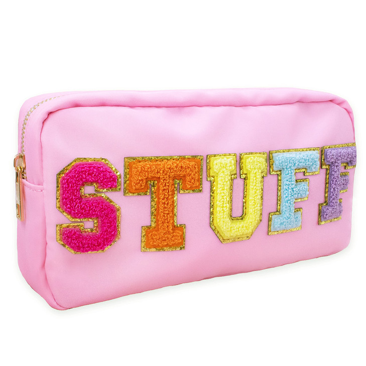 Fablinks Preppy Stuff Bag Chenille Varsity Letter Makeup Pouch Pink Nylon Skin Care Zipper Patch Bags Organizer for Wome