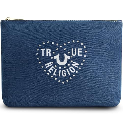 True Religion Womens Makeup Bag Small Travel Cosmetic Zipper Pouch Organizer Heart Logo Denim