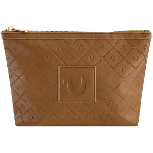 True Religion Womens Makeup Bag Small Travel Cosmetic Zipper Pouch Organizer Gold Hardware Brown