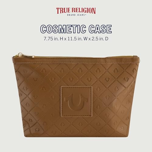 True Religion Womens Makeup Bag Small Travel Cosmetic Zipper Pouch Organizer Gold Hardware Brown