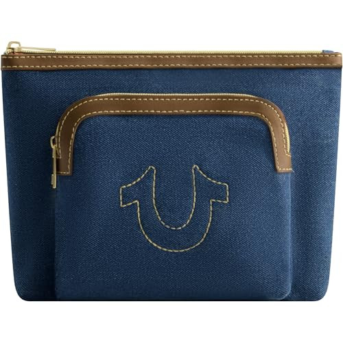 True Religion Womens Makeup Bag Small Travel Cosmetic Zipper Pouch Organizer with Exterior Zip Pocket Denim