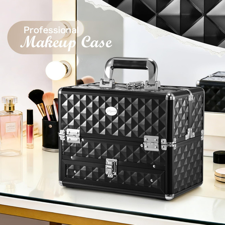 Joligrace Makeup Train Cases Professional Travel Makeup Cosmetic Cases Organizer Portable Box with Drawer Black