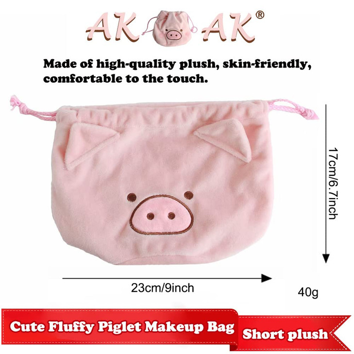 AKOAK 1 Pack Cute Fluffy Piglet Makeup Bag Drawstring Tote Bag Portable Travel Makeup Bag Storage Organizer