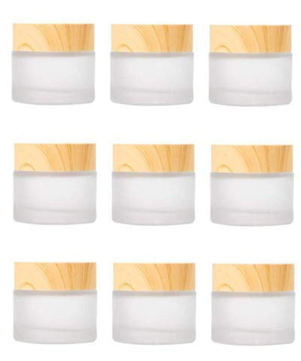 Healthcom 10 Pack 10 Grams10 ML Empty Jars Round Frosted Glass Cosmetic Cream Jar Bottle with Wood Grain Lid Cosmetic Co