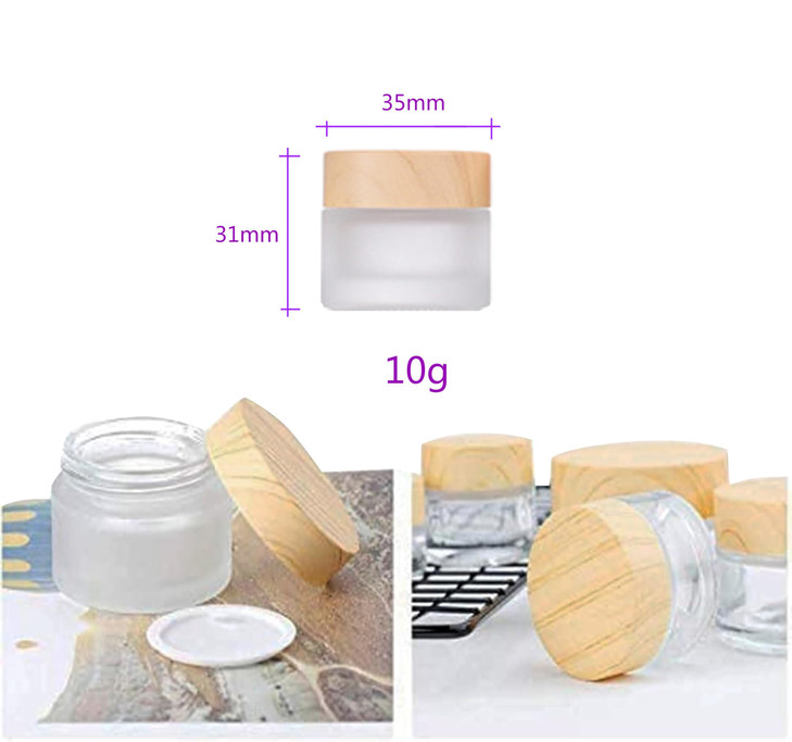 Healthcom 10 Pack 10 Grams10 ML Empty Jars Round Frosted Glass Cosmetic Cream Jar Bottle with Wood Grain Lid Cosmetic Co