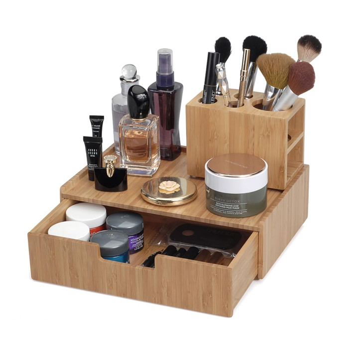 MobileVision Bamboo Makeup Drawer Organizer with 5Compartment Brush Holder Stand Combo