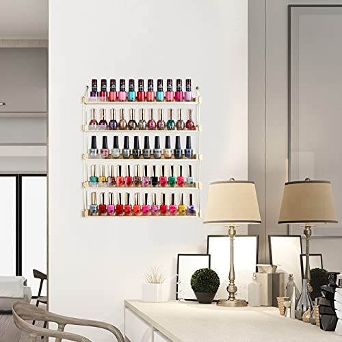 J JACKCUBE DESIGN Wall Mount Gold Metal and Wood Nail Polish Display Shelves Rack Organizer Holds 60 Bottles 5 Tier MK54