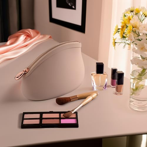 Cosmetic Bag by Pudinbag Small Makeup Bag for Women Cosmetic Makeup Pouch for Purse Silicone Waterproof Vegan Beige
