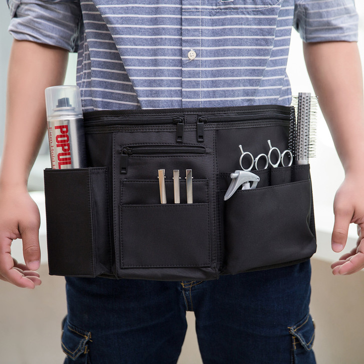 MyGift Professional Black Salon Apron Makeup Artist Cosmetic Canvas Waist Apron Multiple Pocket Brush Bag Organizer