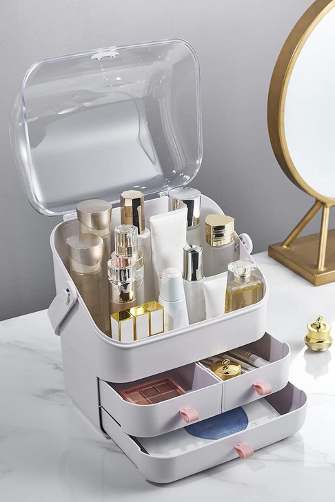 LINFIDITE Cosmetic Storage Box with Lid Makeup Organizer Box with Dust Free Cover Portable HandleLarge Makeup Display Ca