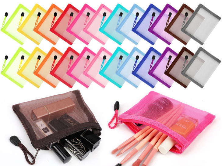 Jexine 24 Pcs Mini Zipper Mesh Bags Lipstick Cosmetic Accessories Organizer Nylon Makeup Zipper Pouch Small Cosmetic Bag
