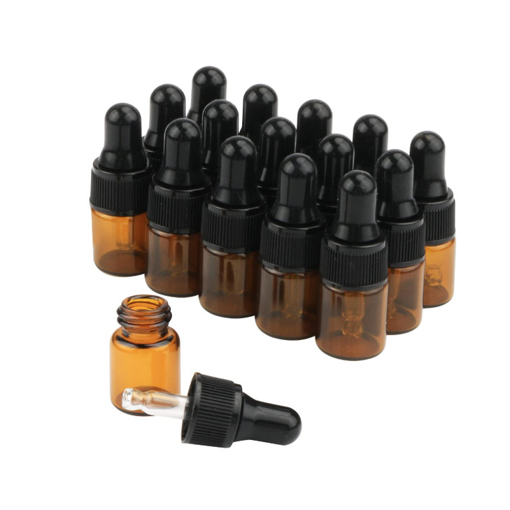 15Pcs Amber Glass Dropping Bottles 1ml 2ml 3ml 5ml Mini Essential Oil Dropper Bottles Empty Travel Sample Vials with Bla