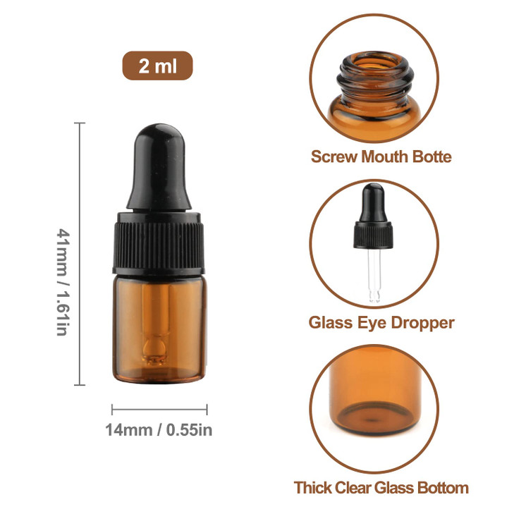 15Pcs Amber Glass Dropping Bottles 1ml 2ml 3ml 5ml Mini Essential Oil Dropper Bottles Empty Travel Sample Vials with Bla