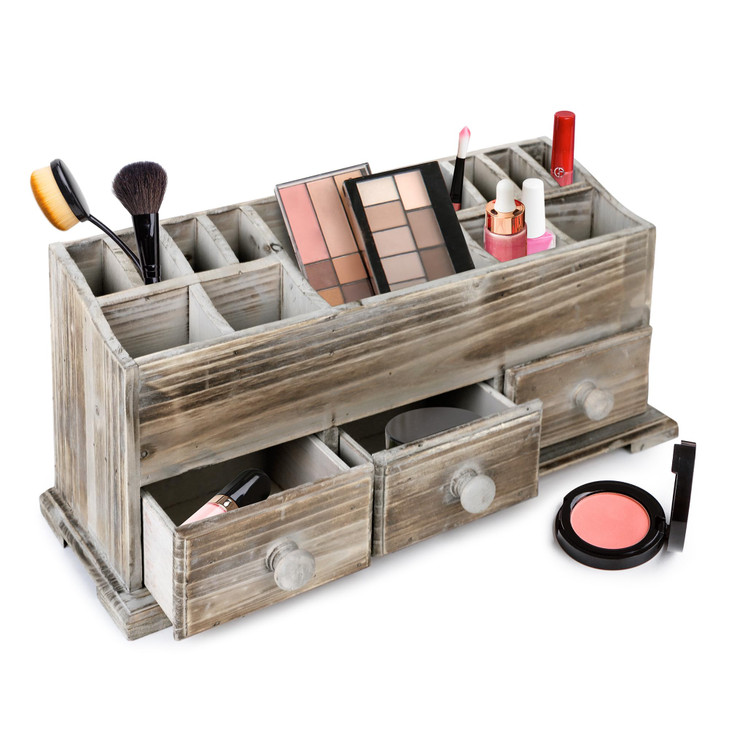 Besti Rustic Vanity Organizer for Cosmetics Makeup and Bathroom Accessories Wooden Farmhouse Storage Box with 3 Drawers