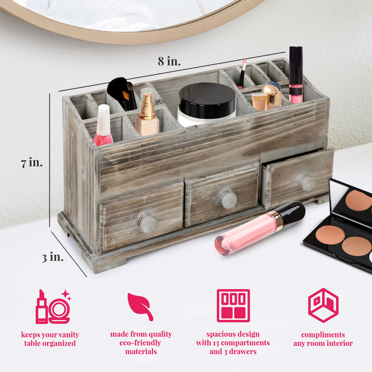Besti Rustic Vanity Organizer for Cosmetics Makeup and Bathroom Accessories Wooden Farmhouse Storage Box with 3 Drawers