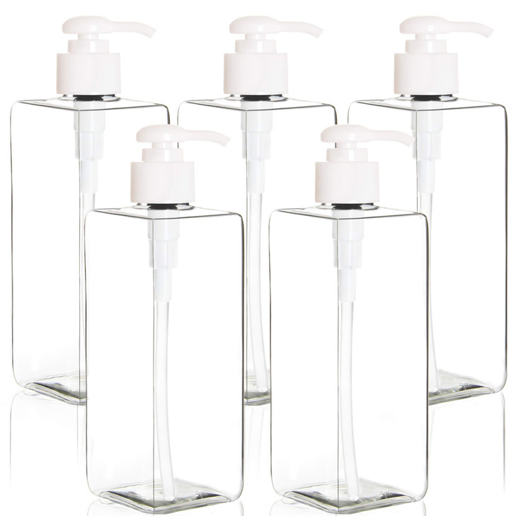 Youngever 5 Pack 16 Ounce Plastic Pump Bottles Refillable Square Plastic Pump Bottles for Dispensing Lotions Shampoos an