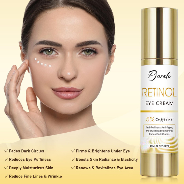Pjordo Retinol Eye Cream with Eye Massage Instrument Infused with 5 Caffeine and Hyaluronic for Dark Circles Treatments