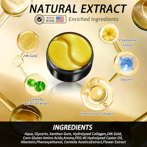 Golden Glow Under Eye Patches for Puffy Eyes 60Pcs Eye Gels Rejuvenating Treatment for Dark Circles Puffiness Refreshing