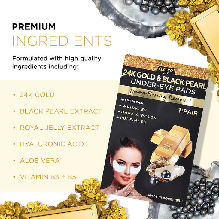 Azure Cosmetics 24K Gold Black Pearl Luxury Firming Under Eye Pads Moisturizing Restoring Eye Mask Patches Reduces Fine