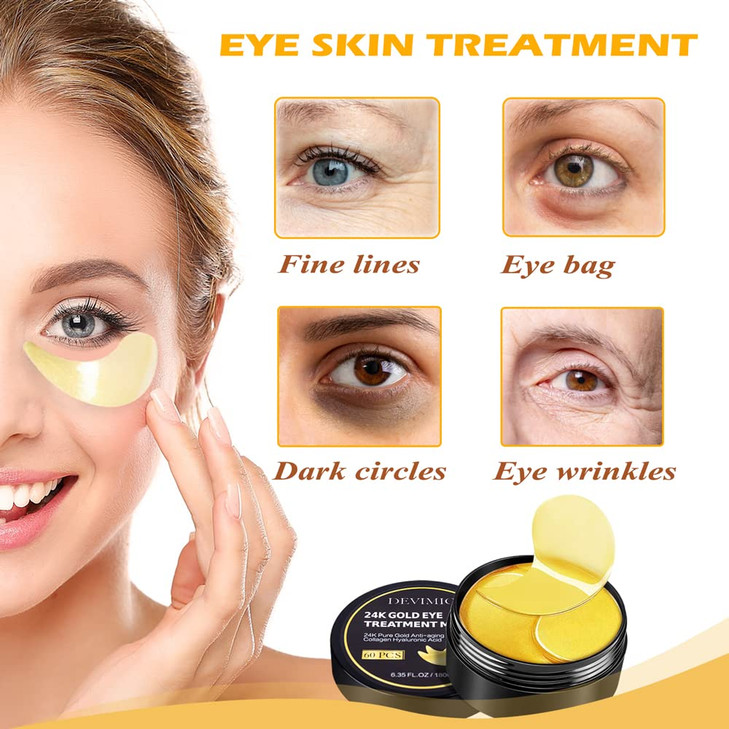 Devimic 24K Gold Eye Mask 30 Pairs Under Eye Masks for Dark Circles and Puffiness Treatment Under Eye Patches for Puffy