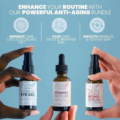 Eva Naturals Facelift in a Bottle Serum Set Vitamin C Retinol Eye Gel for Face Eyelid Firming Wrinkle Moisturizer Kit Da
